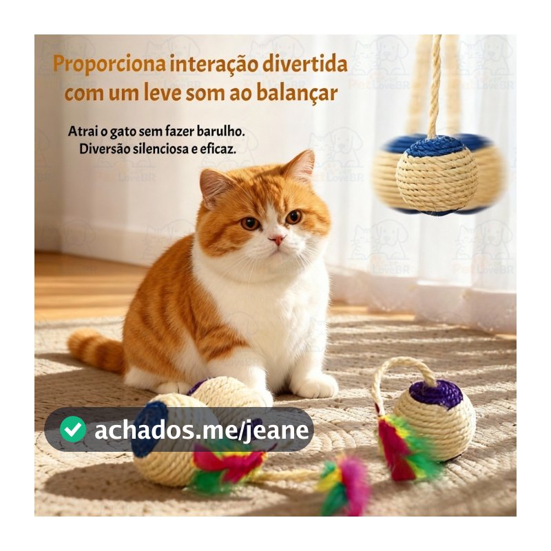 Brinquedo para Gatos - Bolinha de Sisal com Cauda de Penas, Estimula Instinto de Caça e Brincadeiras Sozinho