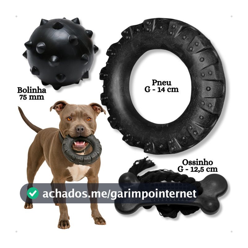 Kit Brinquedo Mordedor para Cachorro Pneu G + Bola Cravo Maciça 75mm + Osso Grande Black com Corda