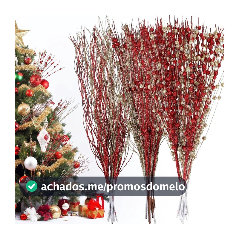 Kit 10 Galho Natalino Vermelho 15 Ramos, 43 CM , Enfeite para Árvore de Natal, Guirlanda e Arranjos