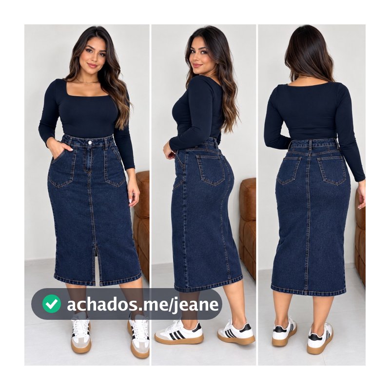Saia Midi Jeans Com Lycra Fenda Na Frente e Bolso Moda Evangélica Modesta
