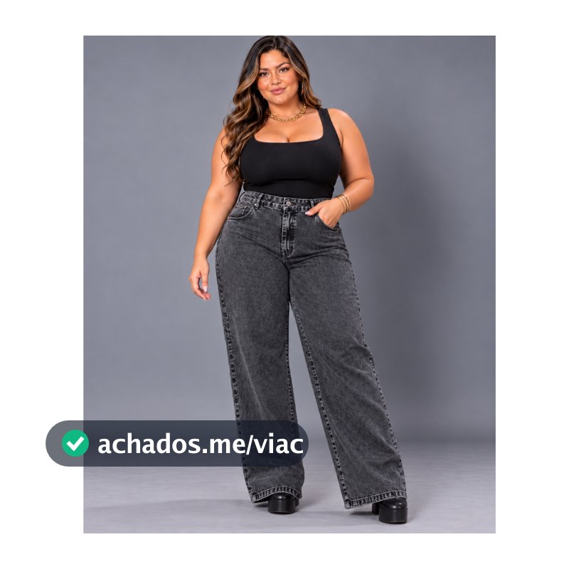 Calça Wid leg Plus Size Jeans Feminina Cintura Alta Sem  Lycra Grossa  Cinza Grafit Marmorizada