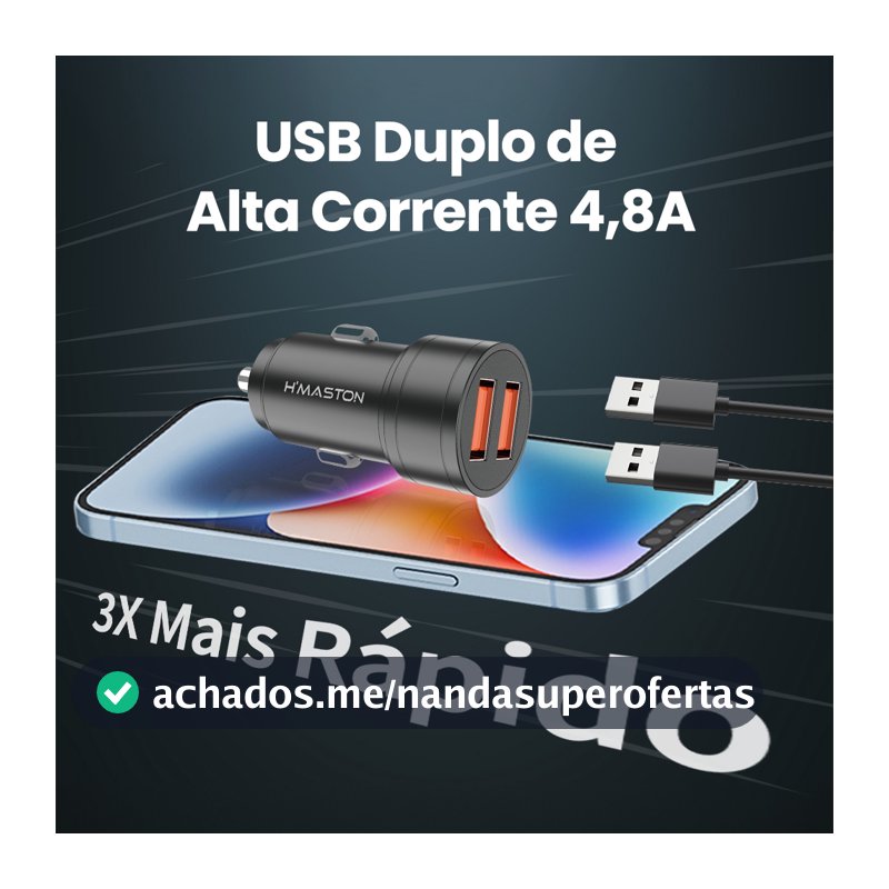 Carregador de Carro para Celular USB 4.8A Carregador Veicular Turbo Carga Rápida com Cabo LS04