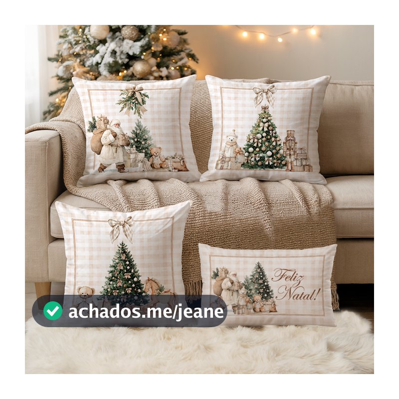 Kit 4 Capas Almofadas de Veludo Natal Noel Árvore - Para Sofá Cama Sala Quarto (3 unid. 43x43cm e 1 unid. 50x29cm)
