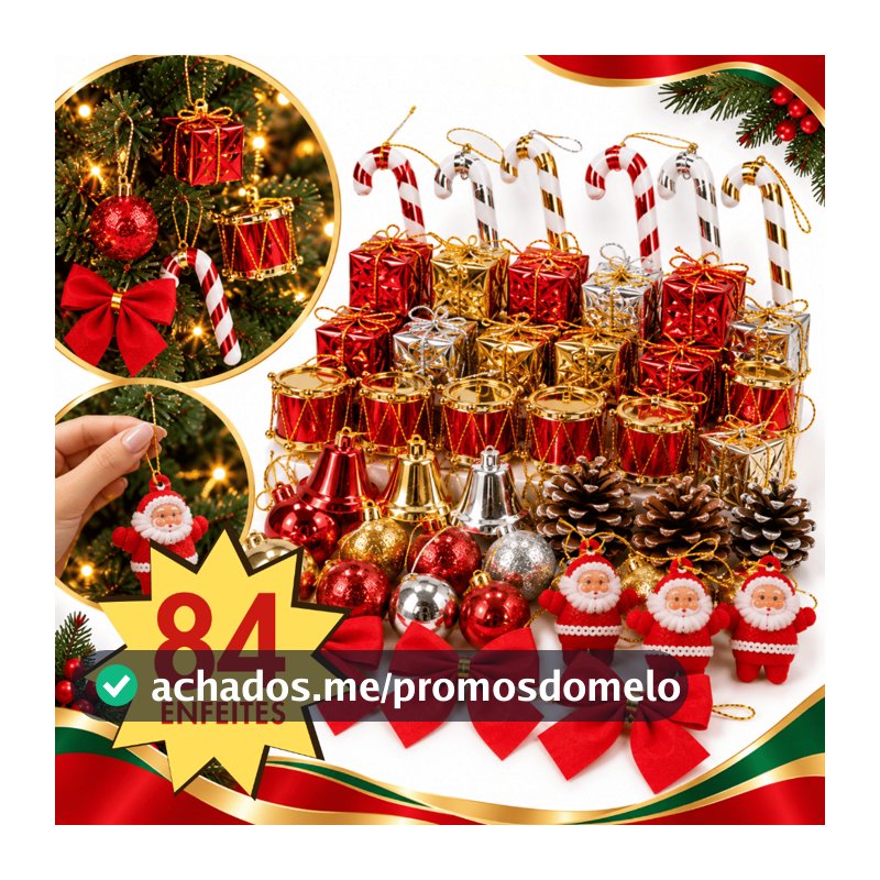 Kit 42/84 Enfeites Decoração Natalina Para Árvore de Natal Guirlanda Pendente Bolinhas Laço Papai Noel