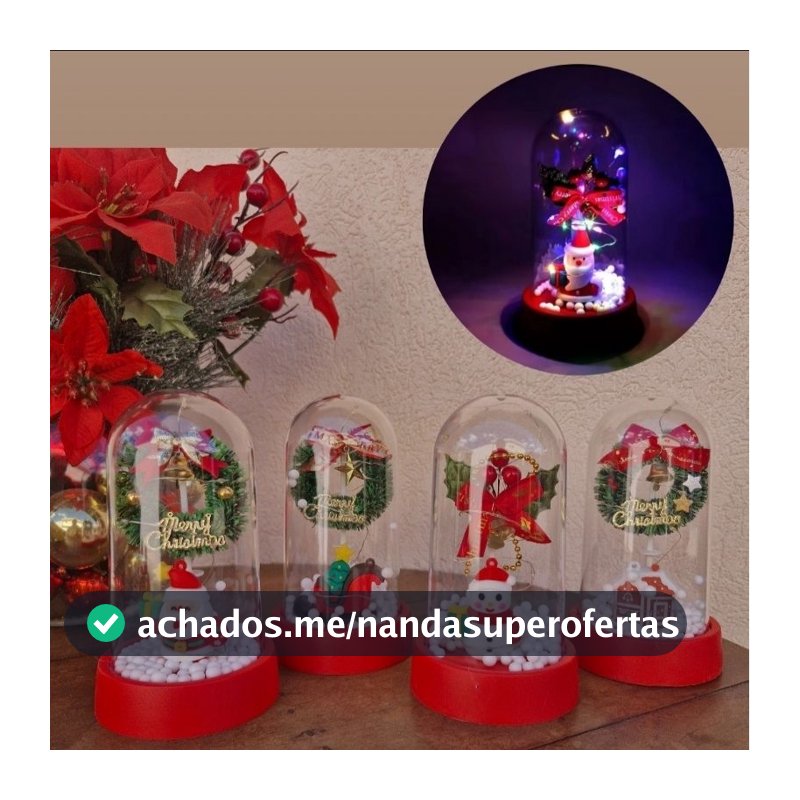 Enfeite de Natal Cúpula c/ Led 14,5cm Papai Noel Boneco de Neve Trenó Casa 4 Variações - Plástico