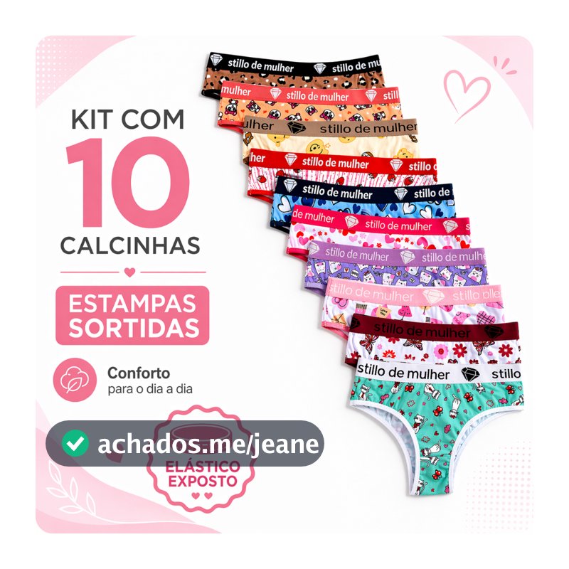 Kit 10 Calcinhas Tanga Conforto Cós Alto 100% Algodão Estampada Cintura Alta