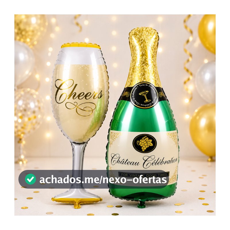 Kit Balão Garrafa e Taça Champagne Ano Novo 2027 Festa Metalizado.