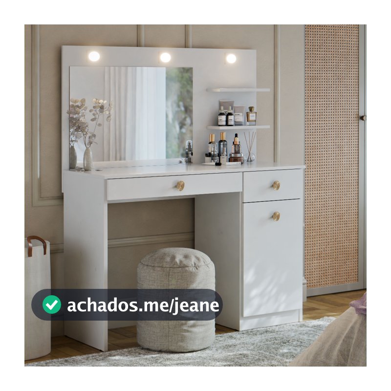 Penteadeira Camarim Jolie com Espelho LED Com Gaveta Prateleira Organizar Maquiagem Studio Quarto
