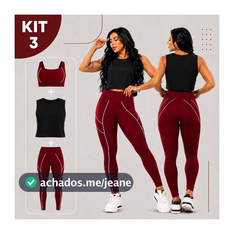 Kit 3 Peças Fitness Feminino Top + Cropped + Legging Cintura Alta Suplex Academia Premium
