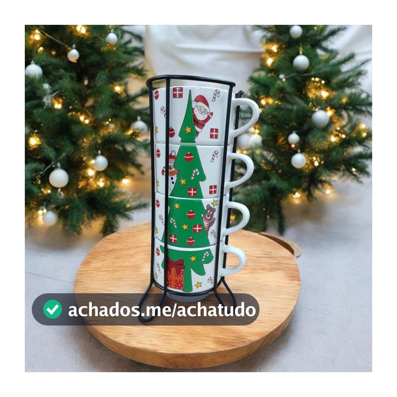 Jogo De 4 Xicaras 210ml Café Chá Porcelana Arvore de Natal Com Suporte de Metal
