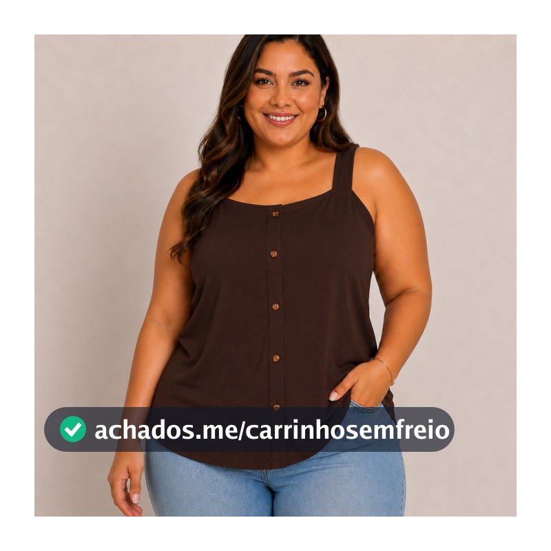 Blusa Plus Size Feminina Regata Alça Larga Viscolycra com Botões Moda Casual Confortável