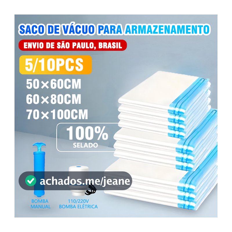 Kit Saco a Vácuo para Roupas com ou sem Bomba Organização para Guarda Roupas e Mala de Viagem Reutilizável