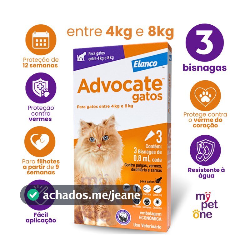 Advocate Elanco 0,8 mL para Gatos de 4 a 8 Kg - 3 Bisnagas