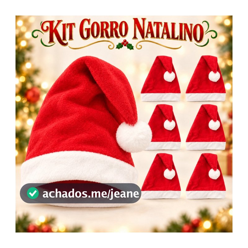 Kit de Gorros Natalino Papai Noel Vermelho 40 Cm Cetim / Veludo/ Feltro Natal