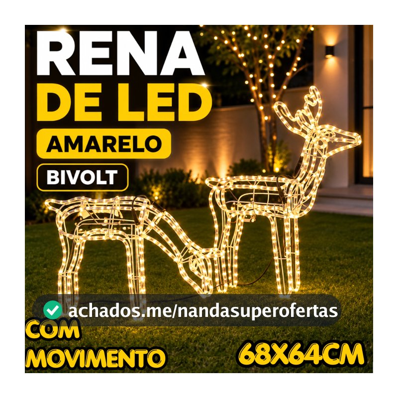 Rena De Led Pequena Com Movimento 68x64cm Bivolt Led Amarelo Decoração Natalina Enfeite Natal