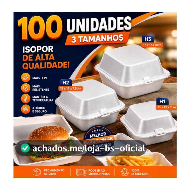 100 Marmitas Isopor H1 H2 H3 | Embalagem para Lanches, Hambúrguer, Batata, Doces e Fatias de Bolo