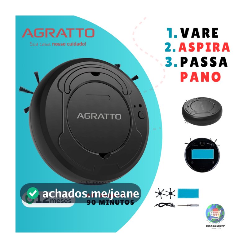 Aspirador de Pó Robô Agratto 3 em 1 - Varre, Aspira e Passa Pano USB 127V/220V  Inteligente Original