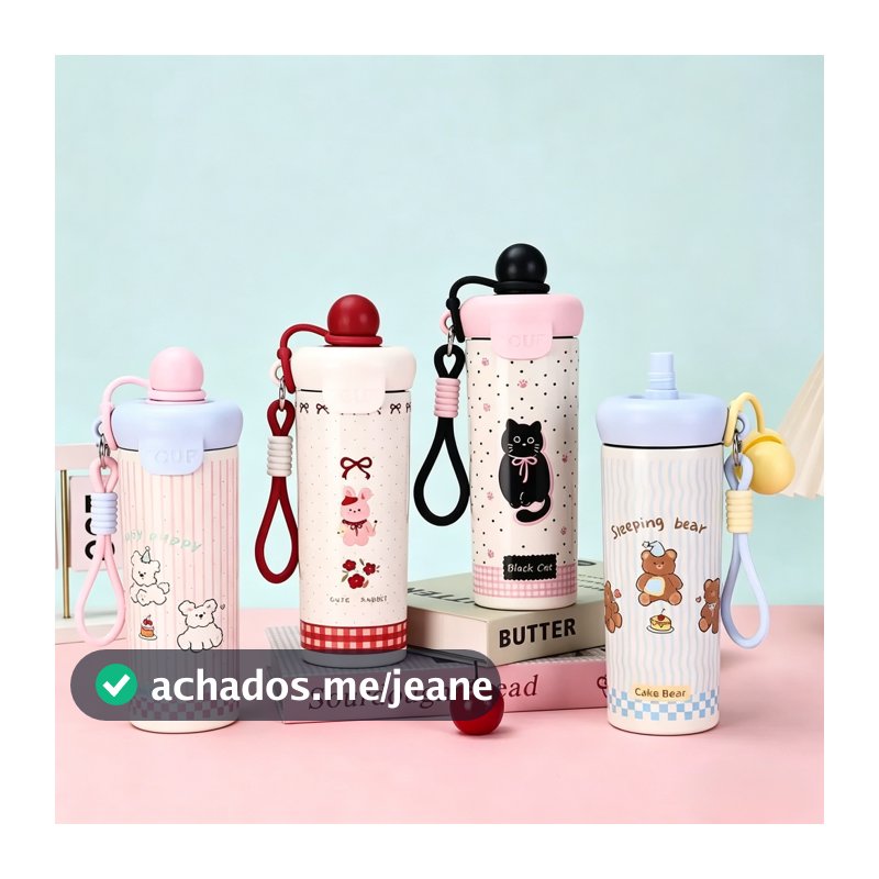 Garrafa Térmica 550ML Infântil Inox Premium Portátil Com Canudo Tampa  Rosqueável Bebida Quente Fria Escola Criança