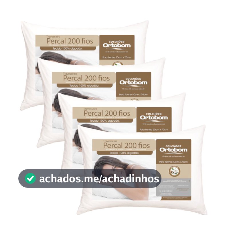 Kit Travesseiros Ortobom 200 Fios 50x70cm 100% Algodão Antialérgico Super Macio Perfil Alto