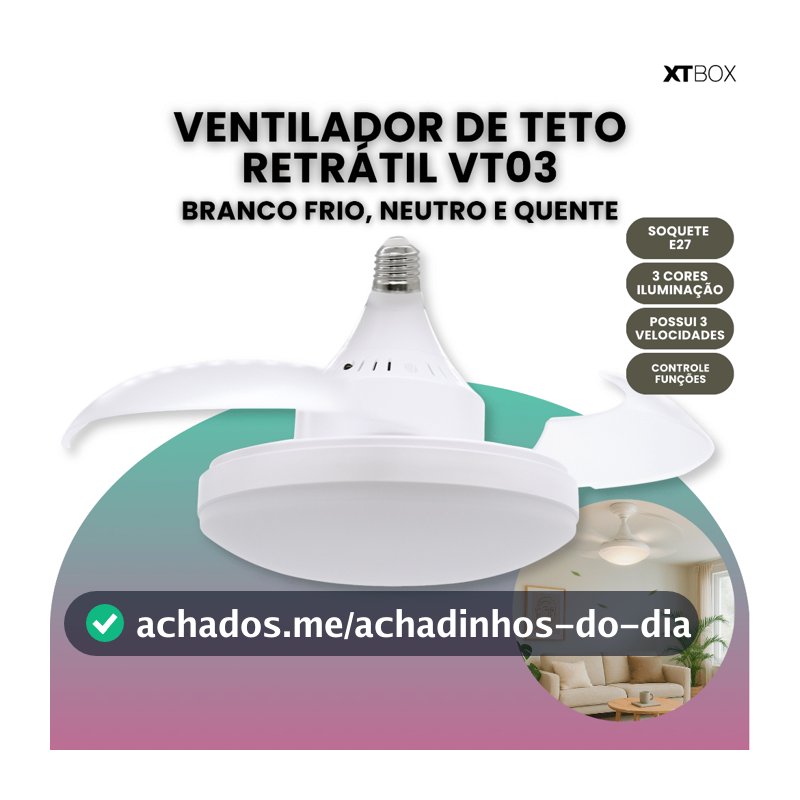 Ventilador de Teto Retrátil Controle Remoto com Luz Led Ajustável Silencioso Moderno VT03