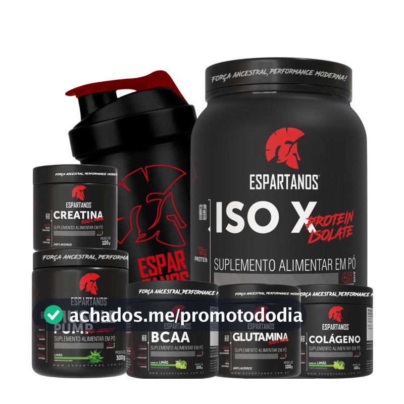 Kit Whey Protein ISO X 1800g + Creatina + BCAA + Glutamina + Colágeno +  Pré Treino + Shaker - Espartanos