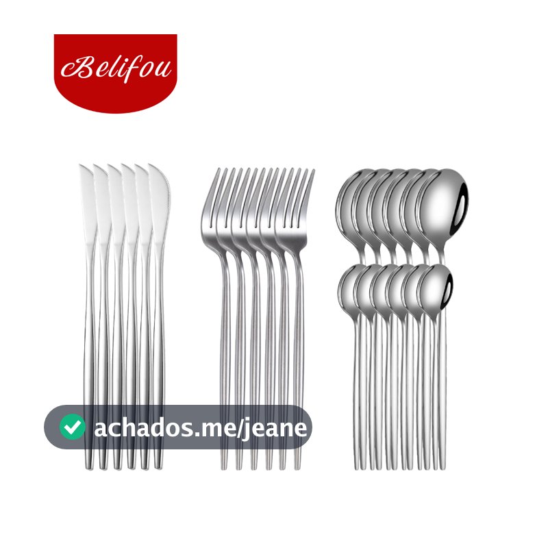 Belifou Kit 24 Jogo De Talheres Aço Inoxidável Prata Louça Dourada