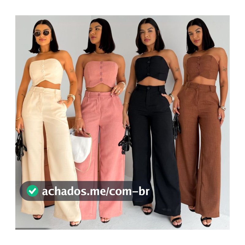 Conjunto Feminino Top e Calça em Linhão Candy Colors Top Tomara Que Caia Com Botões
