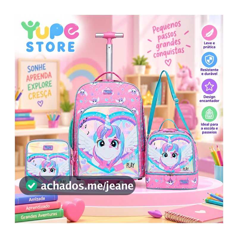YUPE Kit Mochila Lancheira Estojo Unicórnio Feminina Escolar