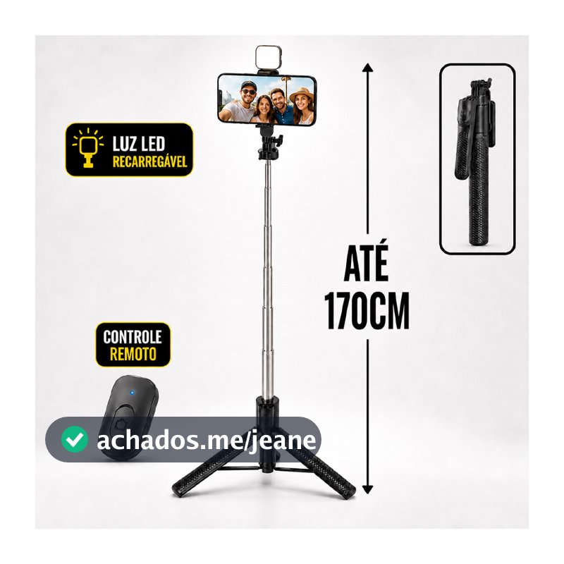 Tripé para Celular 1,70m com Luz LED Bastão de Selfie Controle Bluetooth Suporte 3 em 1