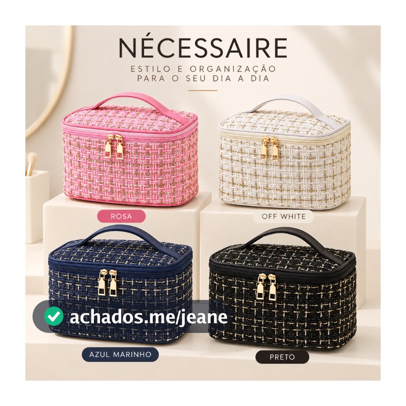Bolsa Necessaire Tweed Feminina para Maquiagem com Zíper Para Viagem Mochila Alça