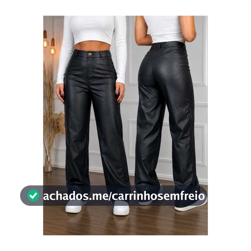 Calça Feminina Wide Leg Cintura Alta Pantalona Couro Premium Preta Modela Corpo