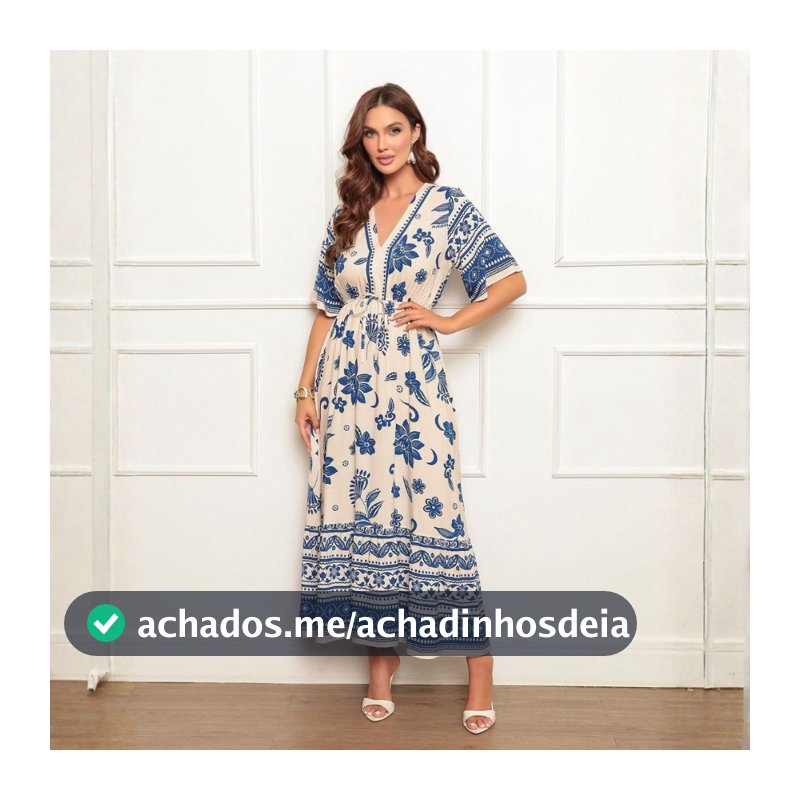Vestido Estampado Longo Feminino Viscolinho com Decote V Manga Curta