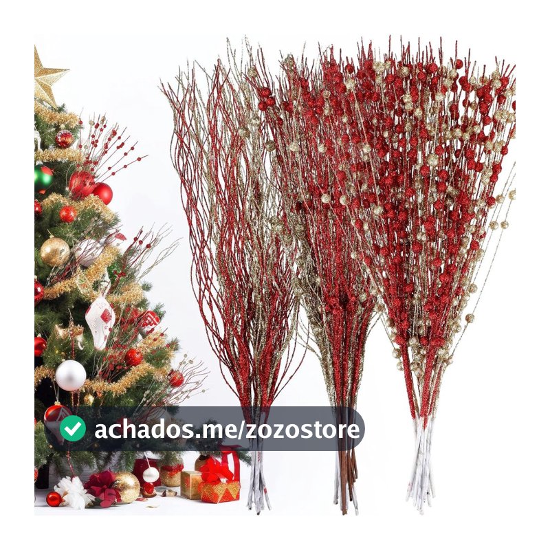 Kit 10 Galho Natalino Vermelho 15 Ramos, 43 CM , Enfeite para Árvore de Natal, Guirlanda e Arranjos