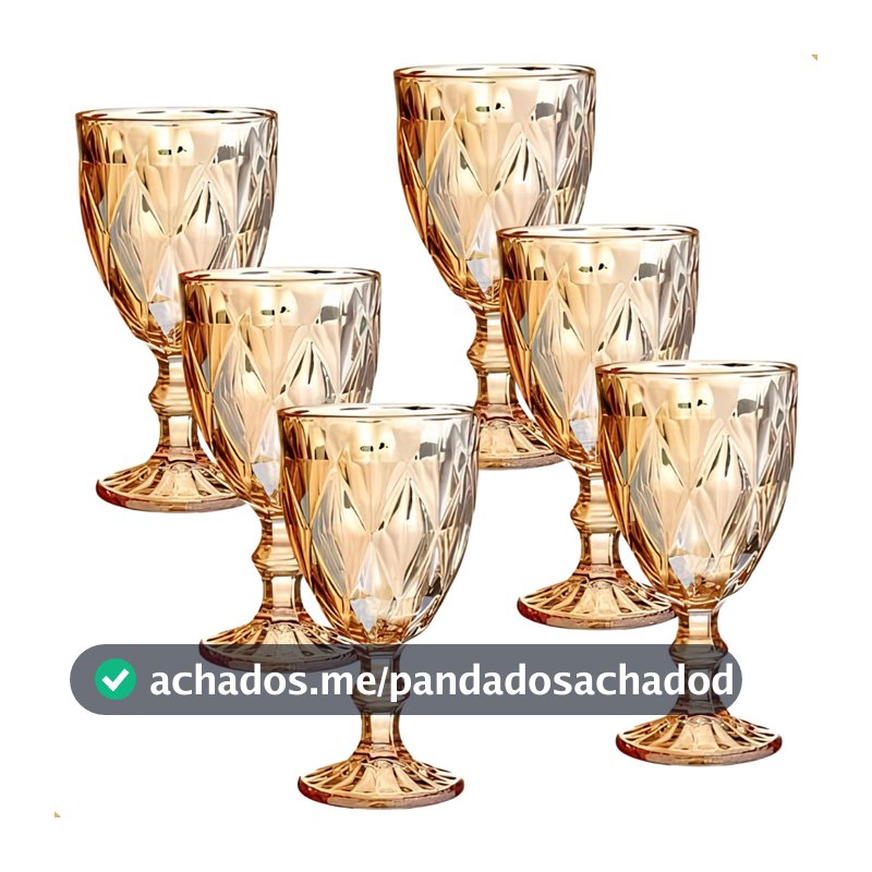 Jogo 6 Taças Diamond Bico De Jaca Dourado Azul Verde Furta cor Fume Água Vinho 330ml