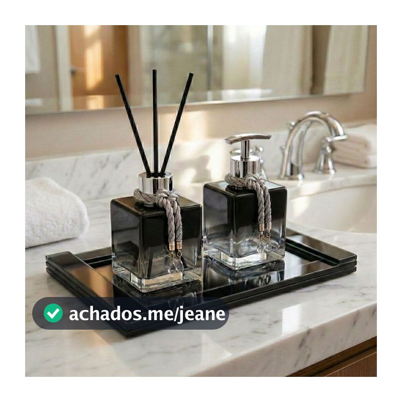 Kit Lavabo e Difusor Aromatizante Sabonete Liquido Cubo Luxo De Vidro Com Bandeja Trama