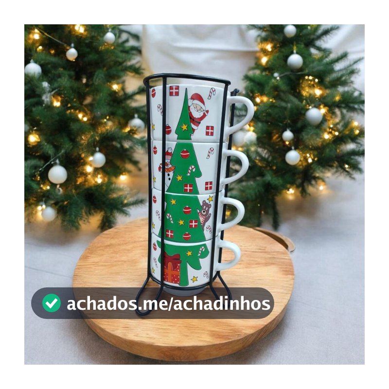 Jogo De 4 Xicaras 210ml Café Chá Porcelana Arvore de Natal Com Suporte de Metal