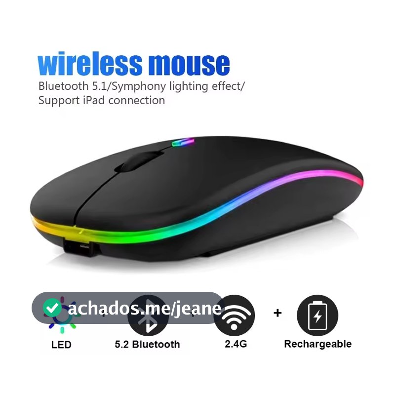 Mouse ergonômico sem fio para jogos, Mouse recarregável, RGB, Bluetooth, LED, para laptop, PC, 3600 DPI