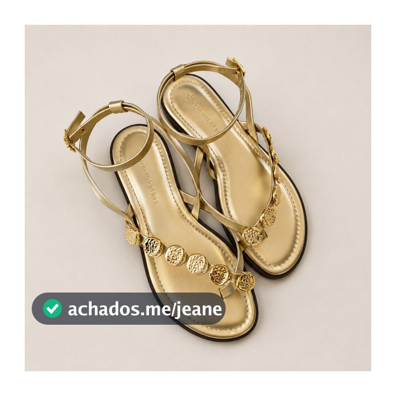 Sandália Rasteira Feminina Dourada Metalizada Medalhas Tiras Fivela Ajustável Casual Confortável