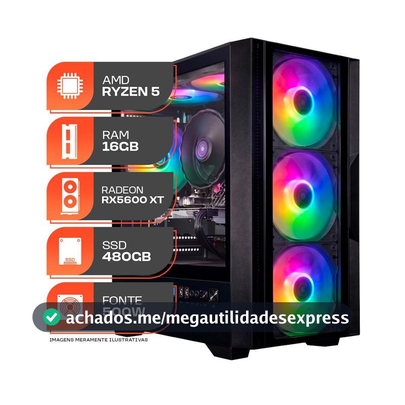 PC Gamer Spectrum, AMD Ryzen 5 5500, Radeon RX 5600 XT 6GB, 16GB DDR4, SSD 480GB, Fonte 500W 80 Plus