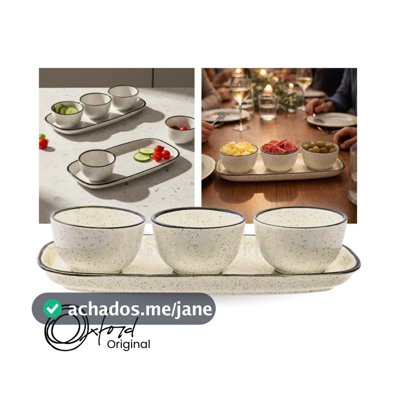 Jogo de Petisqueira 3 Bowls com Bandeja em Cerâmica Retangular Para Servir Domus Brisa Oxford