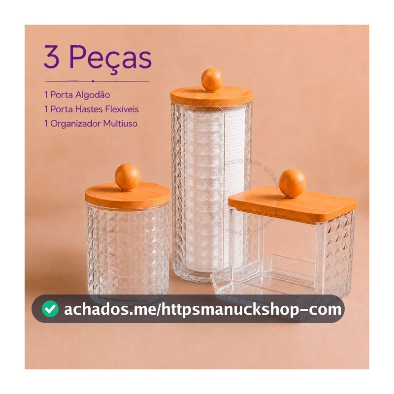 kit 3 Organizadores Tampa Bambu Porta Algodão ou Porta Cotonete Acrílico