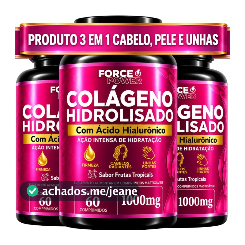 3 COLÁGENO HIDROLISADO + ÁCIDO HIALURÔNICO 3 em 1 Cabelo Pele e Unhas 1000mg - KIT PARA 03 MESES