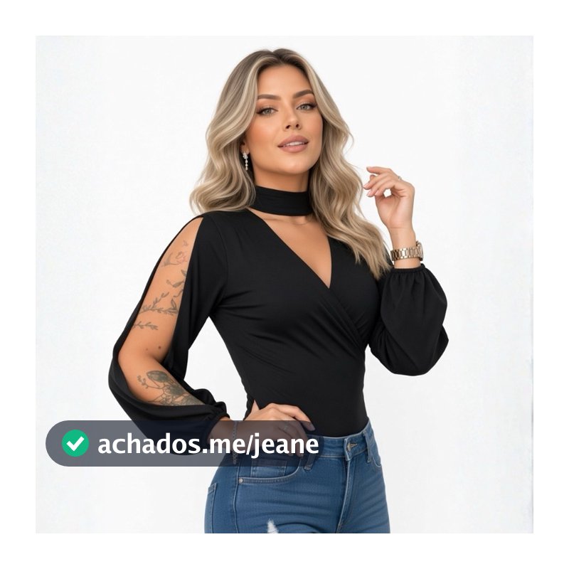 Body Feminino Manga Longa Ombro Aberto Decote V Choker Elegante Tecido Premium — Cod. 258