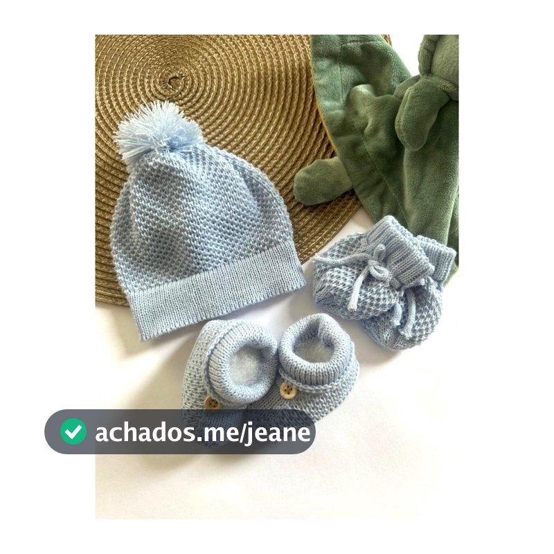 Kit Touca Luva e Sapatinho em tricô liso para bebê recém-nascido maternidade