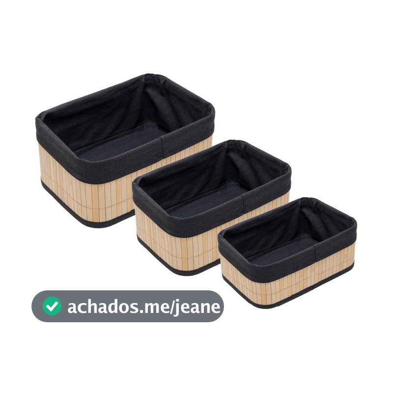 Kit 3 Cestos Retangulares com Forro em Tecido Preto Bambu Organizador Multiuso Closet Banheiro Lavanderia Decoração Casa