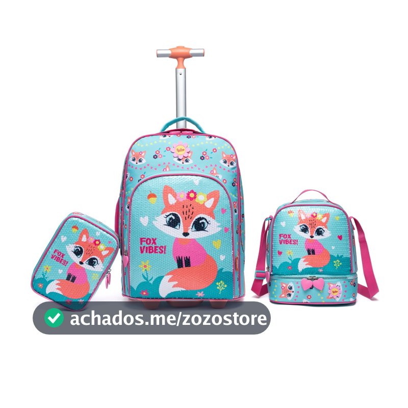 Kit Mochila Rodinha Raposa Feminina Menina Infantil Escolar Lancheira Térmica Estojo Organizador