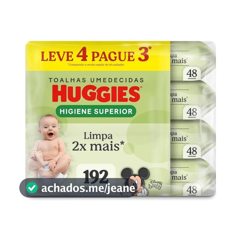 Kit com 04 pacotes de Lenços Umedecidos Huggies Max Clean 48 un (192 Unidades)