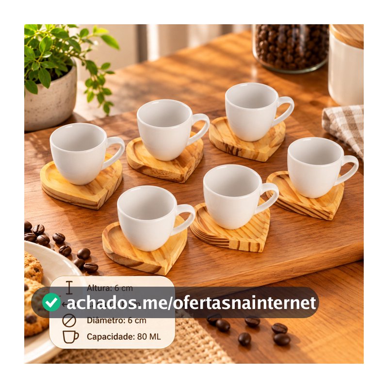 Kit Jogo de Xícaras 80 ML De Porcelana Café Expresso Com Pires Em Madeira Pinus