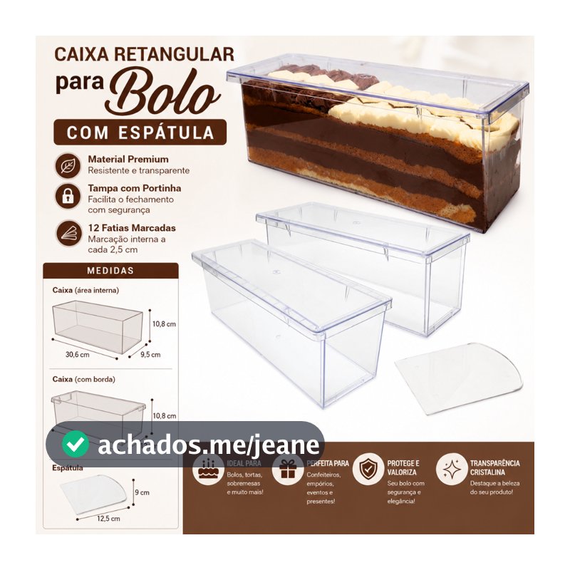 Caixa Para Bolo Slice Acrílica Retangular com Espátula e Tampa 30x10x11cm 12 Fatias Marcadas