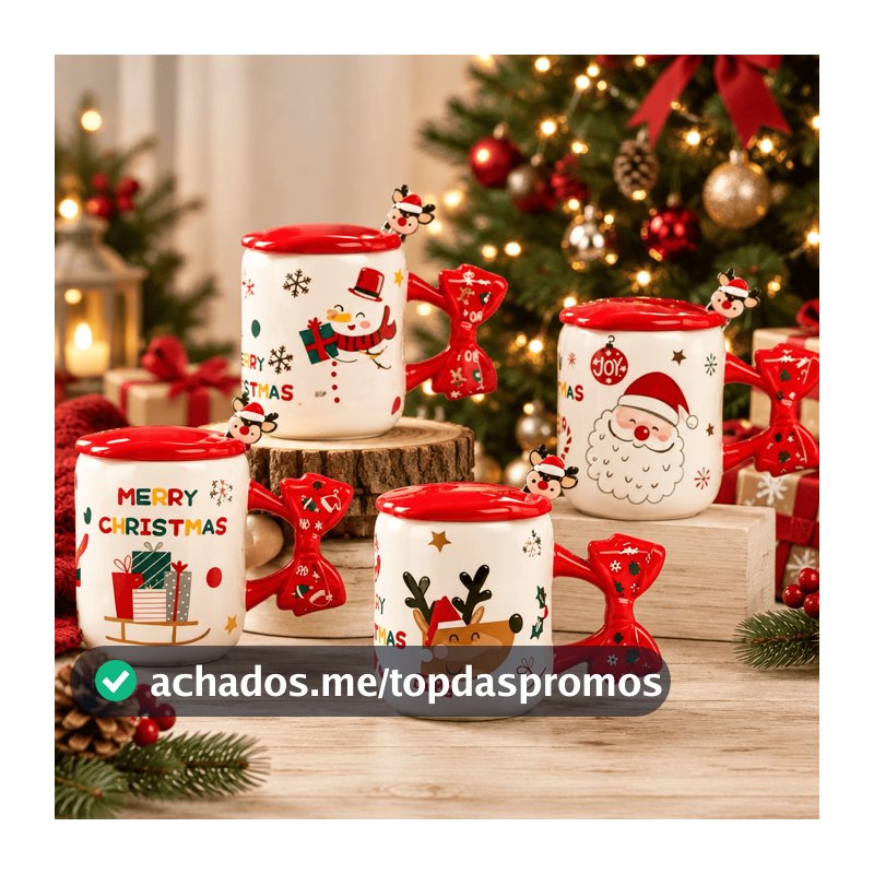 Conjunto de Xicara Natal 350ml Cerâmica Tampa e Mexedor